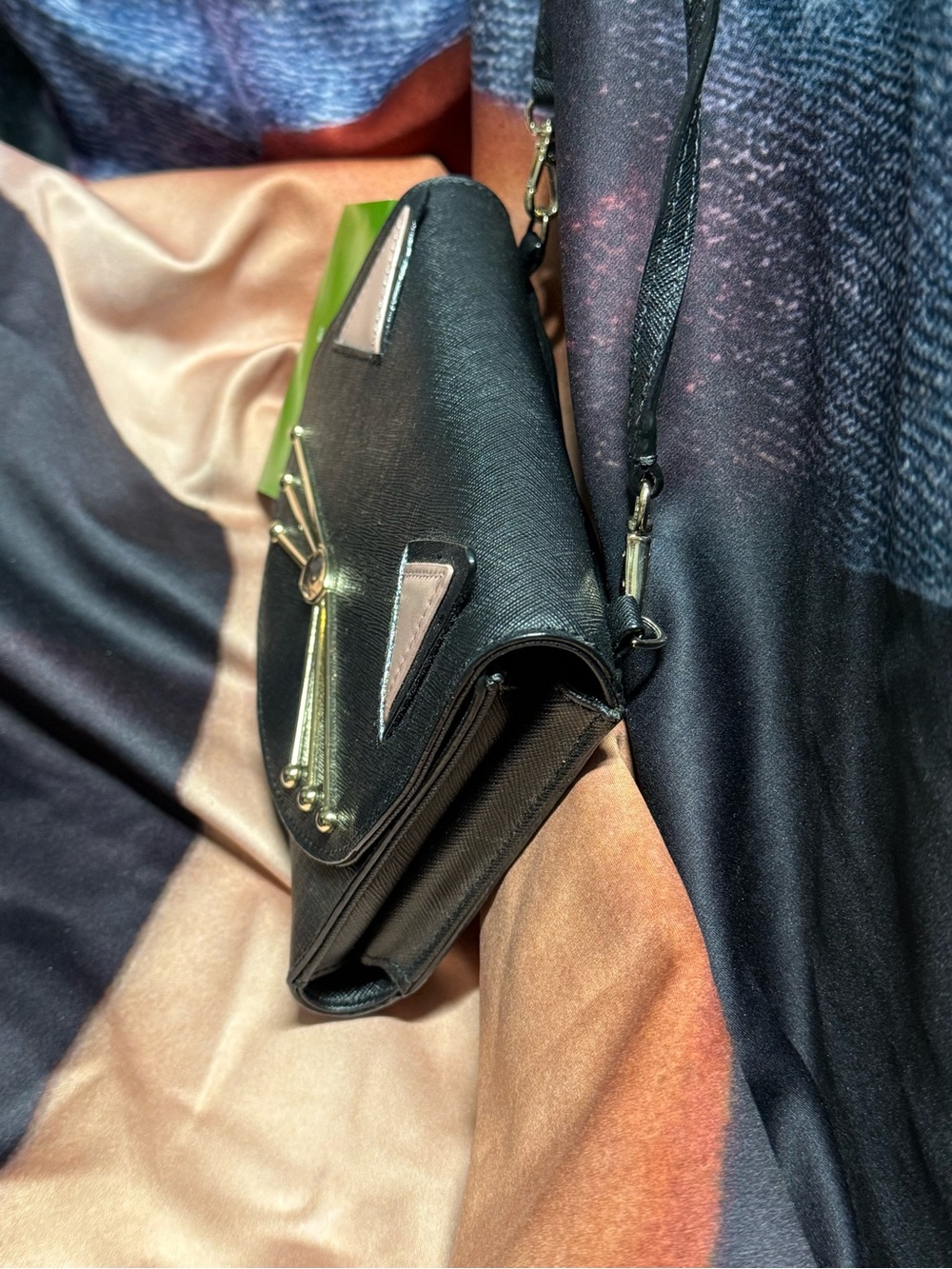 (new+card) Kate Spade Black Crossbody / Clutch Pink Ear Accents & Gold Whisker - Picture 2 of 9